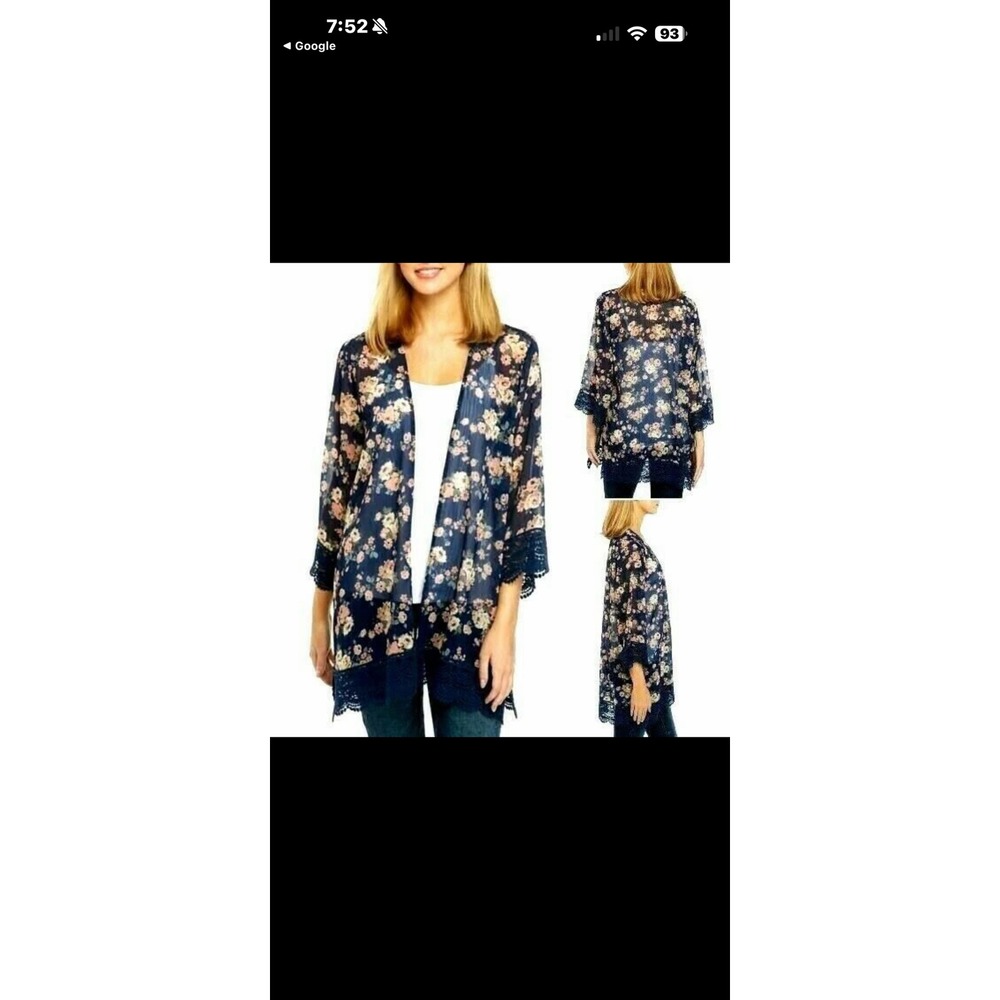 Jolt XS Navy Blue Floral Kimono Cardigan Crochet Lace Trim Open Front Wrap